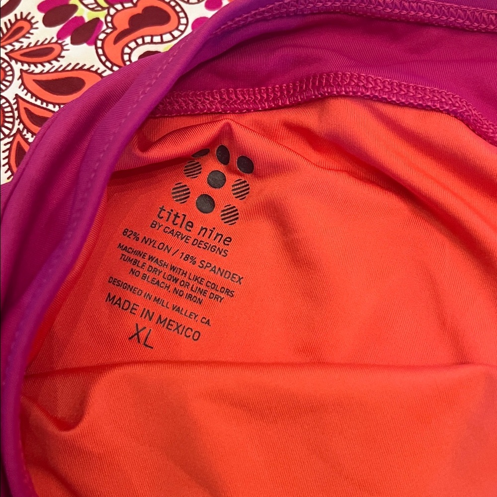 Title Nine Fuchsia and Orange Paisley Print Swimwear Top 38C. Bottoms XL. - Picture 2 of 4